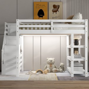 Merax Loft Bed with LED Light, Wardrobe and Ample Storage Space - 1 of 4