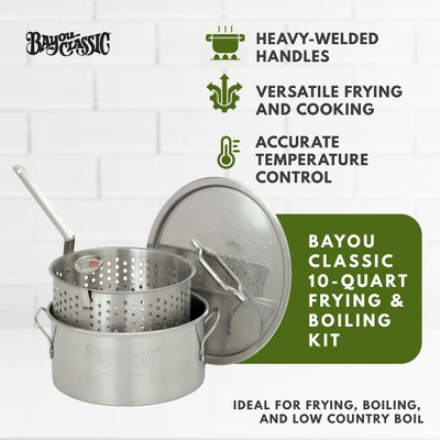 Bayou Classic 10-Quart Stainless Steel Fry Pot with Perforated Basket and Thermometer