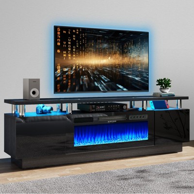 AOXUN 80" Modern Electric Fireplace TV Stand for TVs Up to 90", with Electronic Flame and LED Lights, TV Console Cabinet, Black