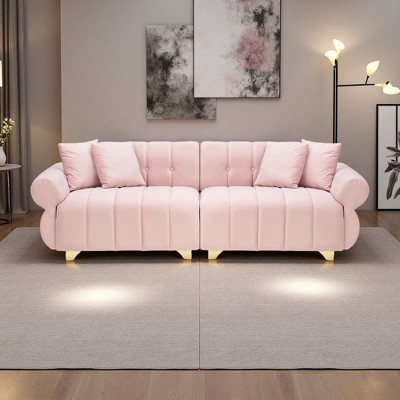 89" Velvet Sofa with Spring-Wrapped Cushions, 4 Throw Pillows & Metal Feet