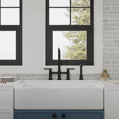 Modern Black Double Handle Bridge Kitchen Faucet with Side Sprayer