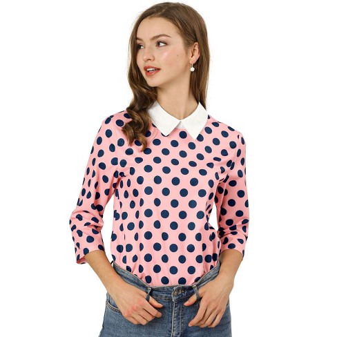 Allegra K Women's Polka Dots 3/4 Sleeve Casual Button Front Shirts Black  Large