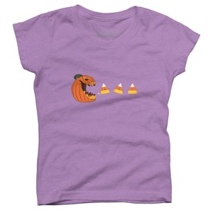 Girl's Design By Humans Halloween Gamer Pumpkin Eating Candy Corn By rawresh6 T-Shirt - 1 of 3