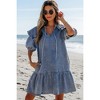Amaryllis Women's Denim Ruffle Collar Dress Vintage-Inspired Puff Sleeve Relaxed Fit Boho-Chic Tunic - 2 of 4