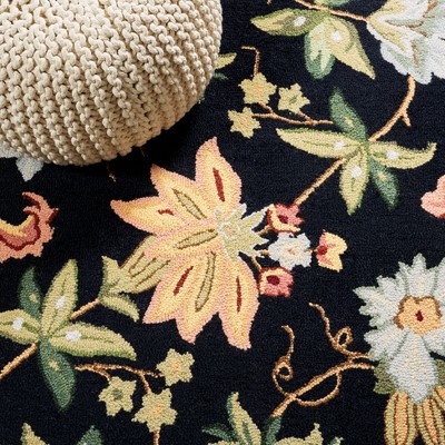 Black Floral Handmade Wool and Cotton Runner Rug