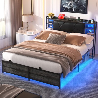 Aheaplus Bed Frame with Upholstered Storage Headboard and Charging Station