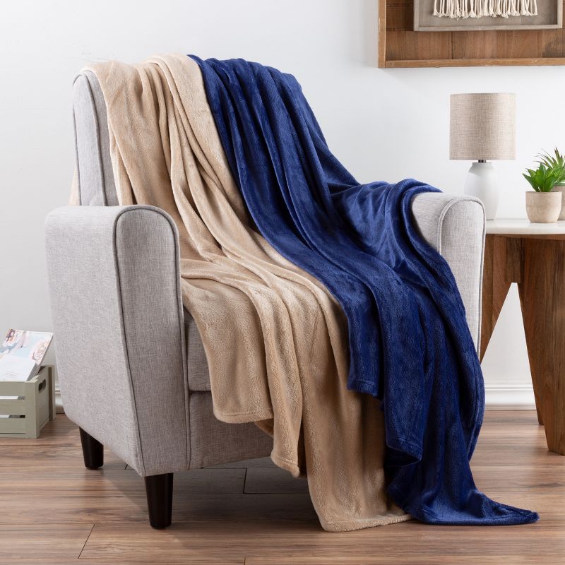 Fleece Throw Blanket-Set of 2-Navy Blue & Sand Plush 60"x50" Blankets- Soft & Cozy for Travel, Outdoor Events &Lounging on the Sofa by Hastings Home, 3 of 9