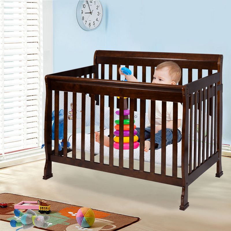 Costway Coffee Pine Wood Baby Toddler Bed Convertible Crib Nursery Furniture Children, 2 of 10