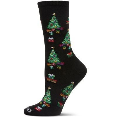 Memoi Women's "Gifted Trees" Holiday Crew Sock Black 9-11