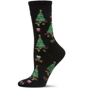 Memoi Women's "Gifted Trees" Holiday Crew Sock Black 9-11 - 1 of 3