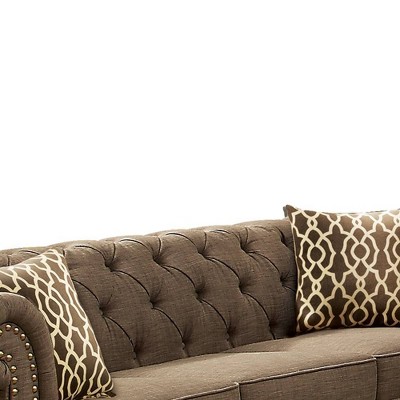 Aurelia Brown Tufted Linen Sofa with Rolled Arms