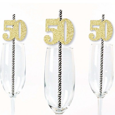 Big Dot of Happiness Gold Glitter 50 Party Straws - No-Mess Real Gold Glitter Cut-Out Numbers & Decorative 50th Birthday Party Paper Straws - 24 Ct