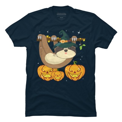 Men's Design By Humans Funny Witch Sloth With Jack O Lantern Halloween T-Shirt By thebeardstudio T-Shirt