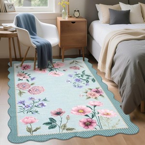 Washable Farmhouse Rug - Floral Scalloped Non-Slip Carpet for Living Room, Bedroom, Dining - 1 of 4