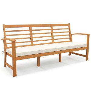 Tangkula 3-Seat Patio 64 Inch Wood Bench w/ Seat Cushion Slatted Seat & Backrest Outdoor - 1 of 4