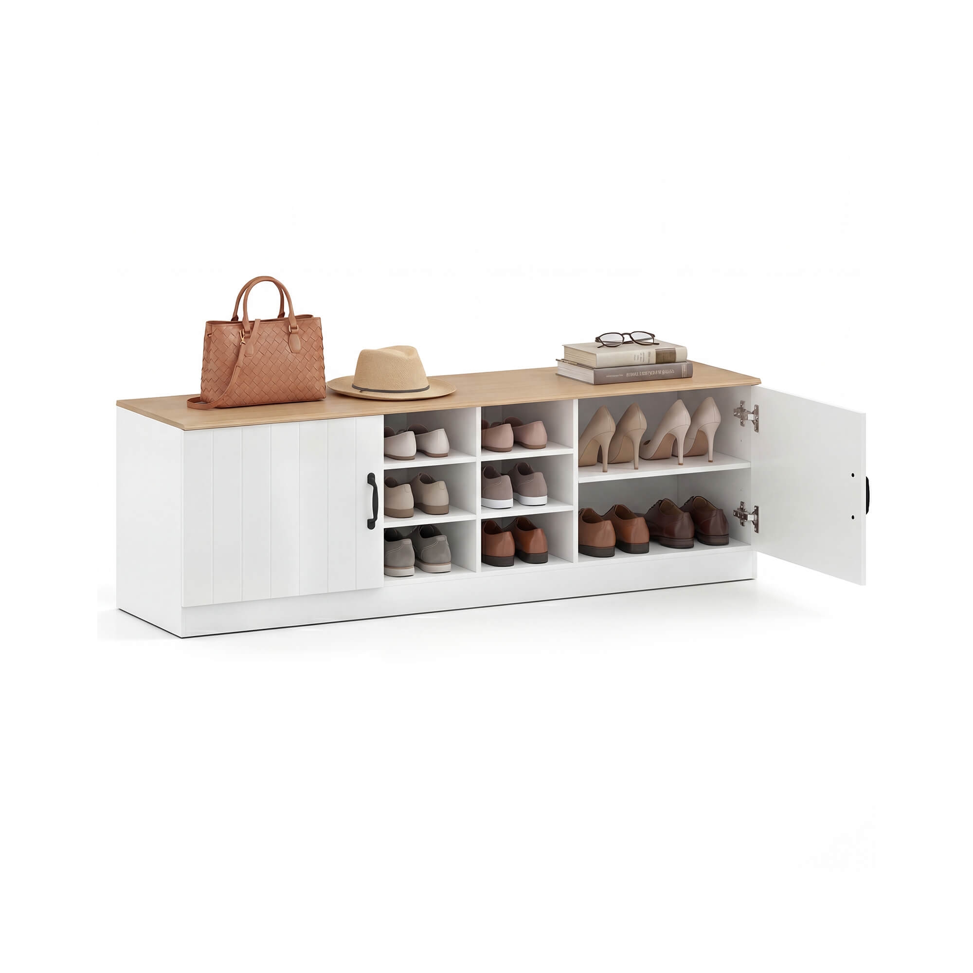 Costway 2-Door Shoe Bench wirh Adjustable Shelves & 6 Compartments, Hidden Storage Space Natural+White