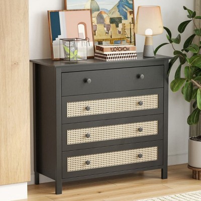 Modern Versatile Storage Cabinet with 4 Drawers & Faux Rattan Doors, Accent Cabinet Sideboard for Kitchen, Bedroom, Living Room, Hallway-Tanpinhause