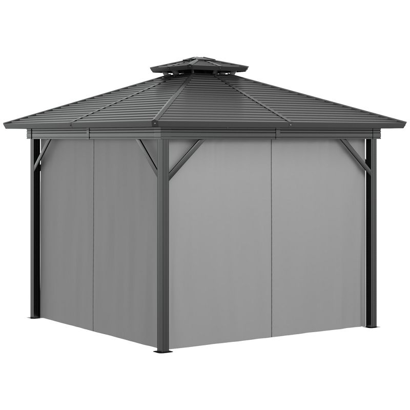 Outsunny 10' x 10' Metal Hardtop Gazebo with Mesh Sidewalls & Curtains, Double Roof Pavilion for Patio, Backyard, Deck, Porch, Gray, 4 of 7