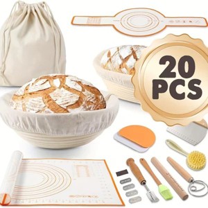 Proofing Basket Set w/9-Inch Round & 10-Inch Oval Baskets, Linen Lining, Scoring Lame and Dough Whisk, Natural Rattan for Artisanal Sourdough - 1 of 4