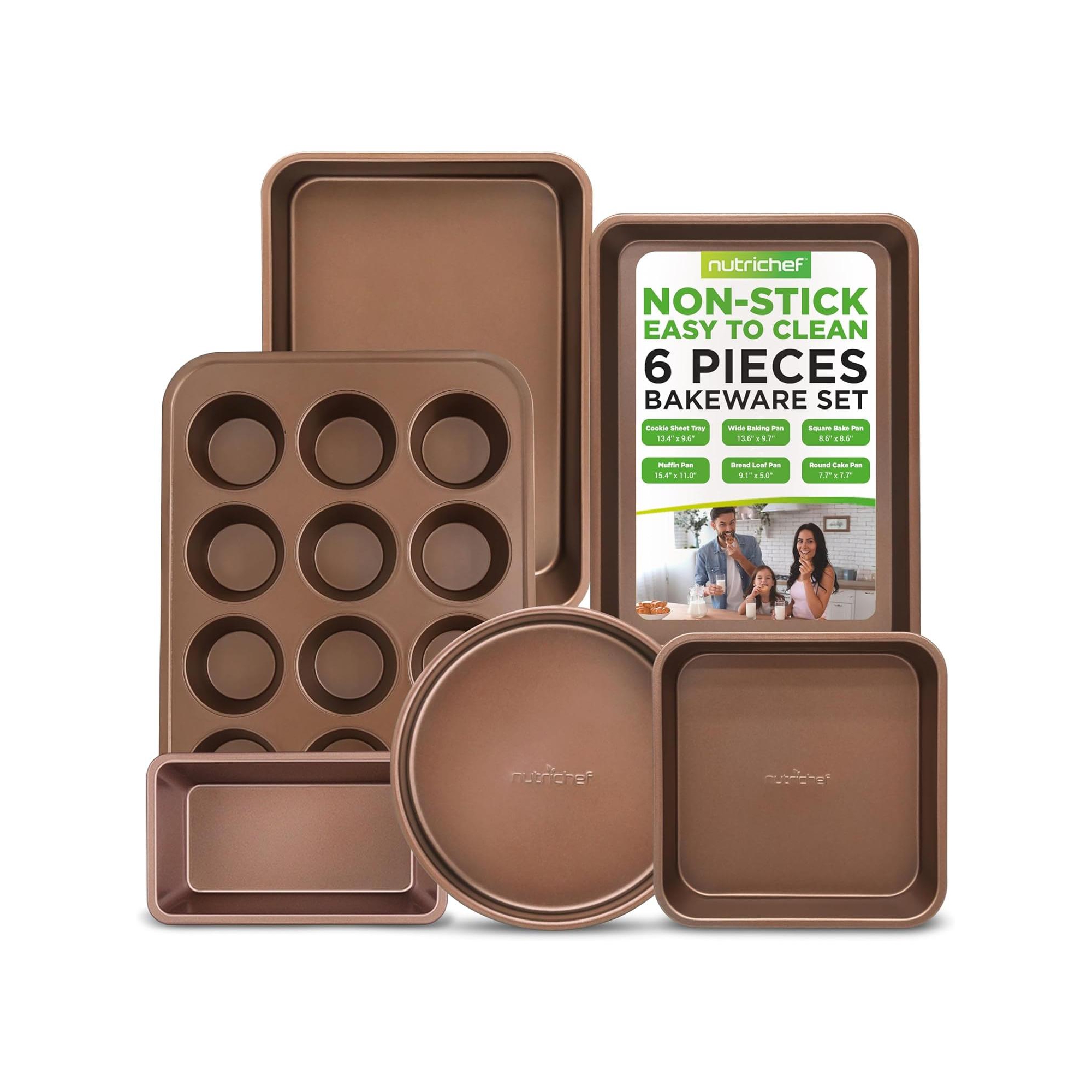 NutriChef 6-Piece Non-Stick Bakeware Set - Premium Carbon Steel with Metallic Coating, Oven Safe (Ideal for Baking Cookies, Muffins, Bread, Cakes)