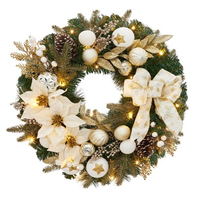 Pre-Lit Christmas Wreath for Front Door, 24 Inch Large Lighted Wreath with Xmas Balls, Artificial Flower & Bow, Battery Operated Christmas Wreath