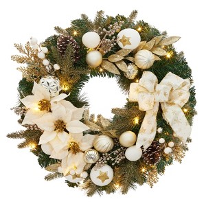 Pre-Lit Christmas Wreath for Front Door, 24 Inch Large Lighted Wreath with Xmas Balls, Artificial Flower & Bow, Battery Operated Christmas Wreath - 1 of 4