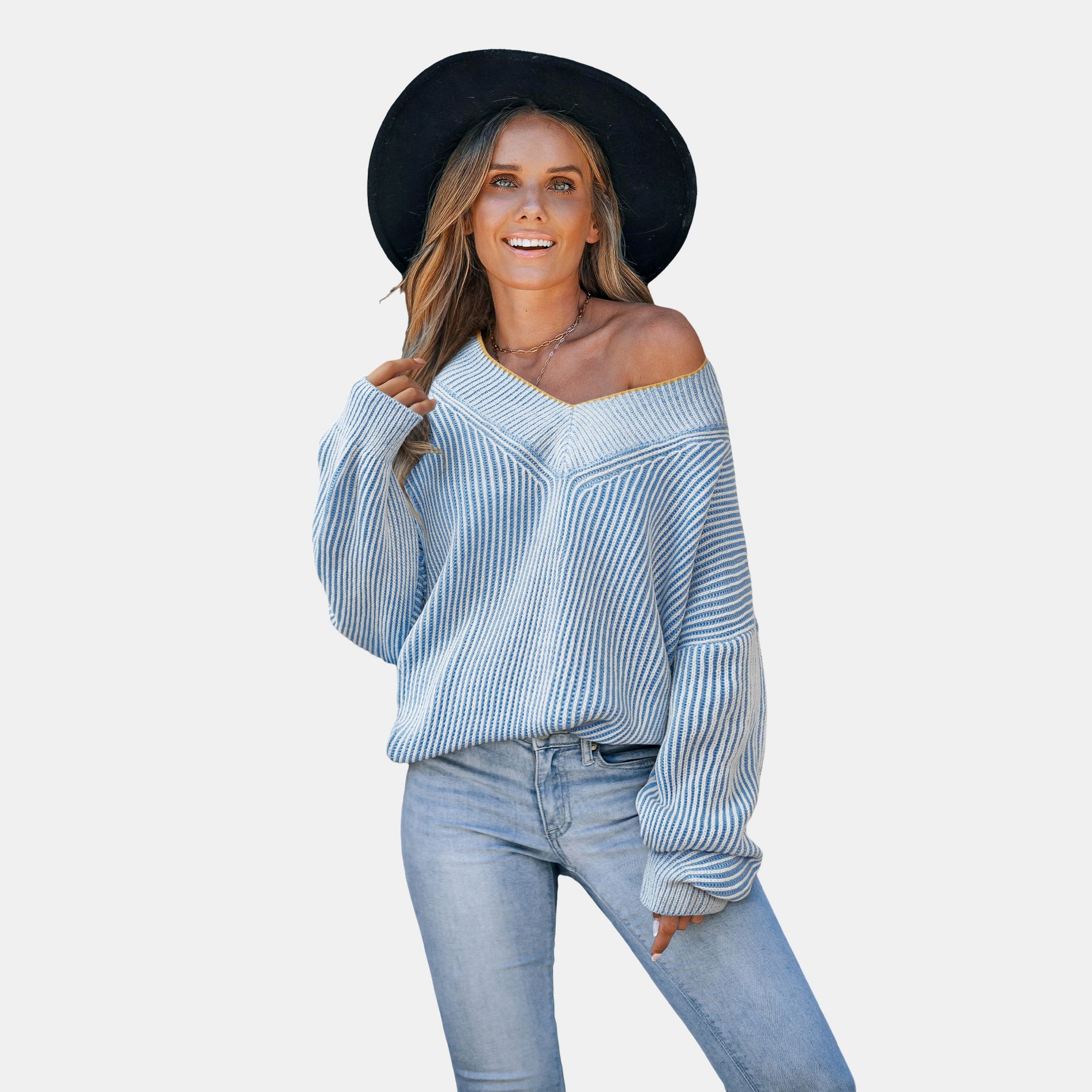 Women's Chic Off-Shoulder Striped Sweater - Cupshe-XL-Blue