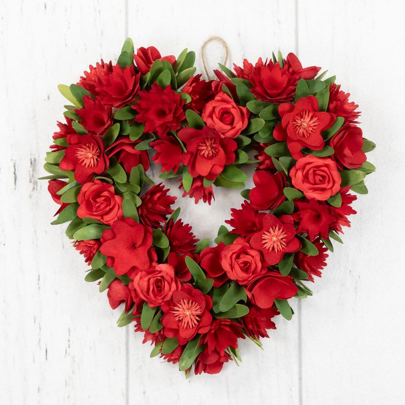 Northlight Mixed Floral Artificial Valentine's Day Heart Wreath - 15" - Red, 5 of 6