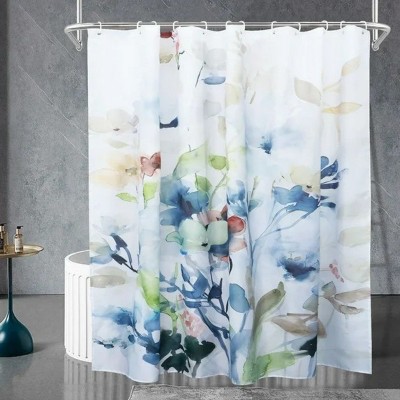 LunaLulinlk Blue Floral Fabric Shower Curtain