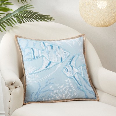 Seaside Splash Blue Cotton Fish Throw Pillow Cover 20x20