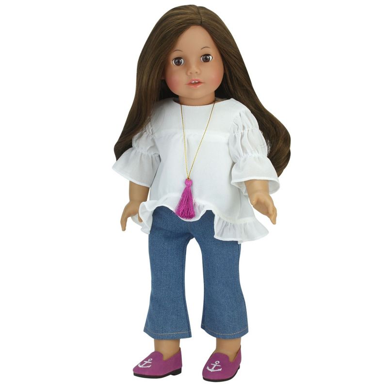 Sophia’s by Teamson Kids Three-Piece Vintage Peasant Blouse, Crop Flare Jeans, & Magenta Tassel Necklace on Gold Chain Outfit Set for 18” Dolls, White, 1 of 3
