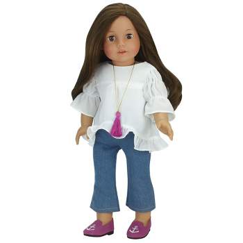 Sophia’s by Teamson Kids Three-Piece Vintage Peasant Blouse, Crop Flare Jeans, & Magenta Tassel Necklace on Gold Chain Outfit Set for 18” Dolls, White