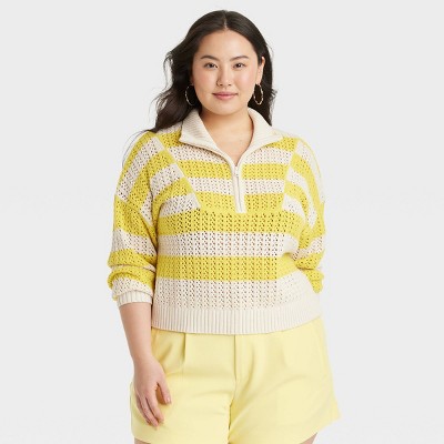 Women's Quarter Zip Mock Turtleneck Pullover Sweater - A New Day™ Yellow/White Striped XXL