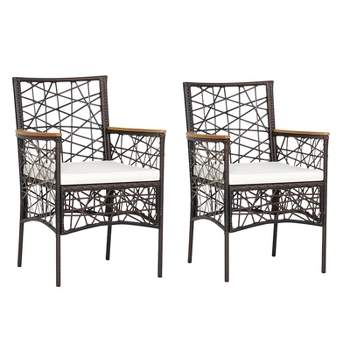 Tangkula Patio PE Rattan Dining Chairs Set of 2/4 Patio PE Wicker Armchairs with Removable Cushions and Acacia Wood Armrests