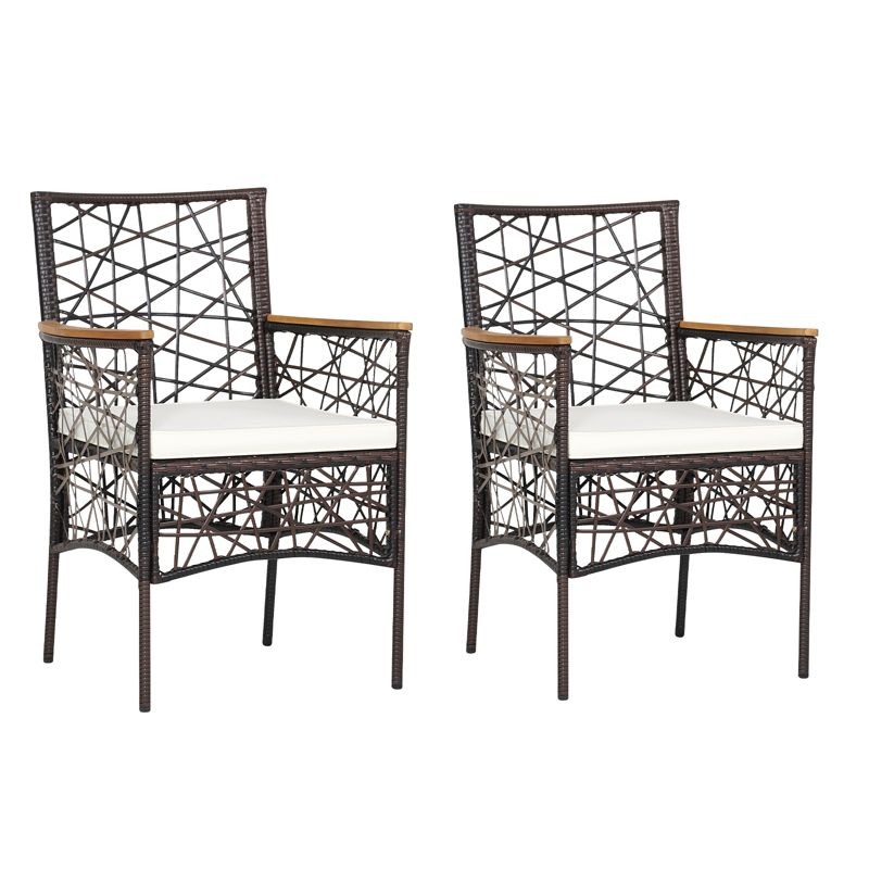 Tangkula Patio PE Rattan Dining Chairs Set of 2/4 Patio PE Wicker Armchairs with Removable Cushions and Acacia Wood Armrests, 1 of 9
