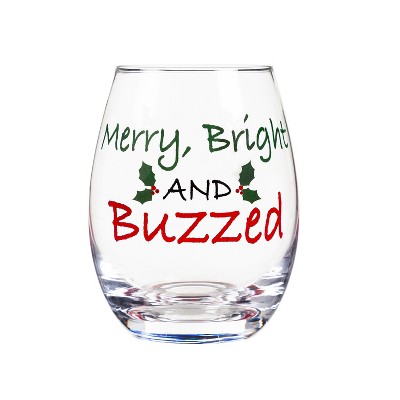 Evergreen Stemless Wine Glass w/box, 17 OZ, Merry, Bright, and Buzzed