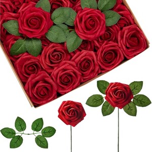 Attop Artificial Flowers, 50 Pcs Dark Red Foam Fake Roses Bulk with Stems for Decoration Celebration DIY - 1 of 4