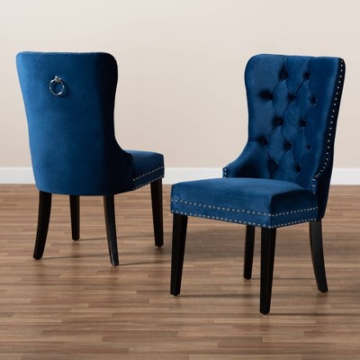 Navy Blue Velvet Upholstered Oak Dining Chair Set