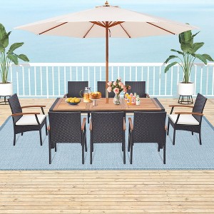 Costway 9 Pieces  Patio Rattan Dining Set with Acacia Wood Table, 1.9" Umbrella Hole - 1 of 4