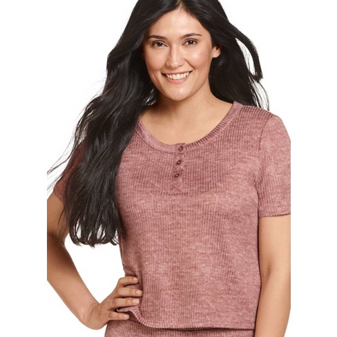 Jockey Women's Luxe Lounge Brushed Ribbed Cropped Henley 1x Soft Plum  Heather : Target
