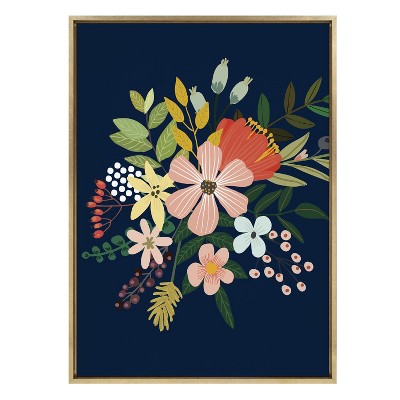Gold Framed Floral Canvas Art with Dark Blue Background, 28x38