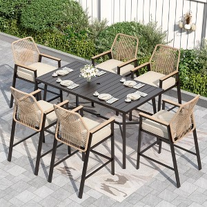Captiva Designs Outdoor Patio Dining Bar Set with Steel Bar Table & Rattan Bar Stools with Cushions - 1 of 4