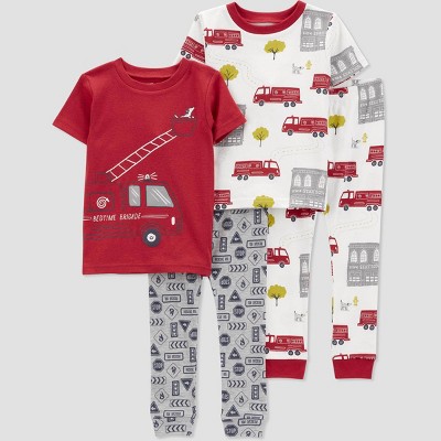 Image of Carter's Just One You® Toddler Boys' 4pc Short Sleeve Fire Trucks Pajama Set - Red 3T