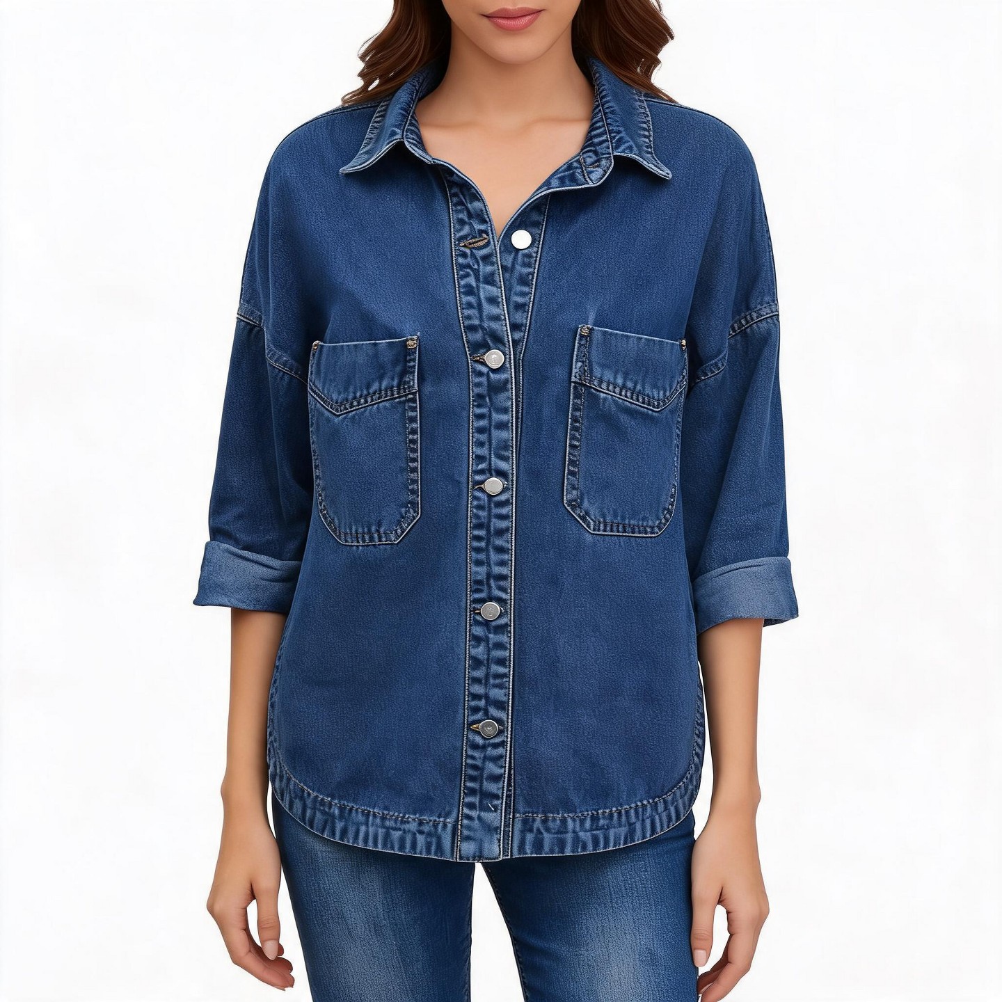 Женская куртка EadianDree Women Denim Jacket Long Sleeve Shirt Collar Button Front Dual Patch Pockets Outerwear, цвет: Джинсовый — фото 1