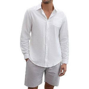 Men's Cotton Linen Sets 2 Piece Long Sleeve Beach Outfits Button Down Shirts and Shorts Casual Summer - 1 of 4