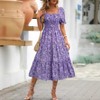 Women's Summer Smocked Midi Dress Casual Square Neck Puffy Short Sleeve Tiered Ruffle Dresses - 3 of 4
