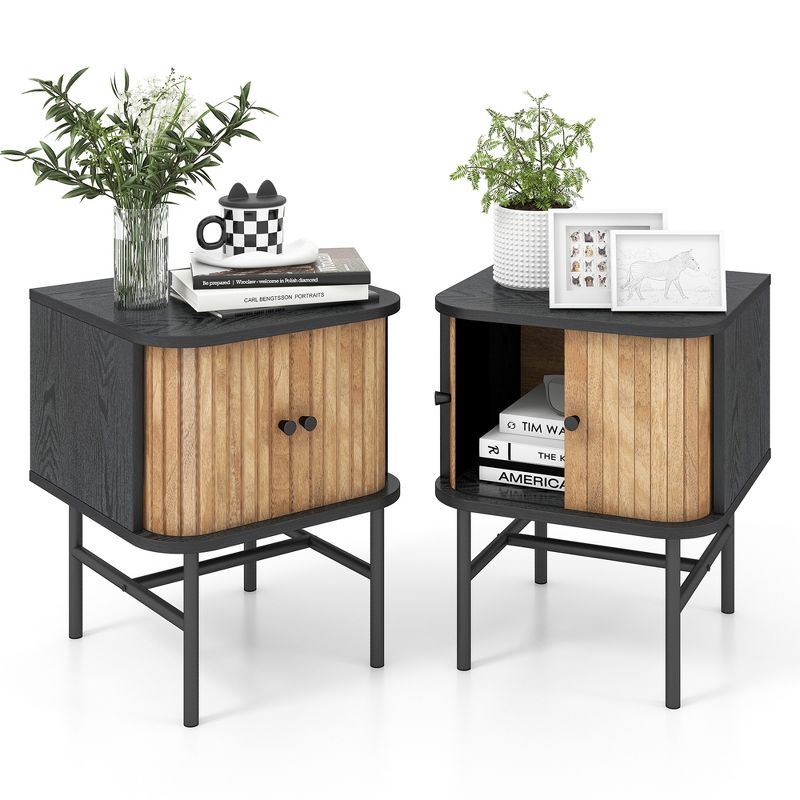 Tangkula Set of 2 Nightstand Compact Modern End Side Table with Sliding Doors, 1 of 11