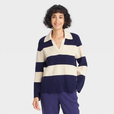 Women's Polo Pullover Sweater - A New Day™ Navy Blue Striped XS