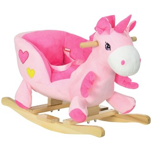 Qaba Baby Rocking Horse, Ride on Unicorn with 32 Songs, Toddler Rocker Toy with Wooden Base Seat Safety Belt for 1.5-3 Year Old, Pink - 1 of 4
