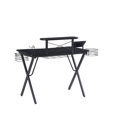 Ergonomic Metal Computer Gaming Desk with X Shape Legs and Elevated Shelf Black - The Urban Port